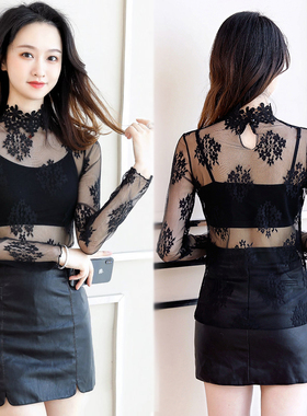网纱衣透视打底衫女长袖新款高领T恤网纱内搭蕾丝性感秋上衣春季