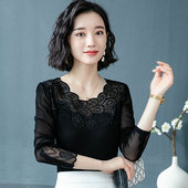 黑色百搭低领镂空网纱薄款 蕾丝打底衫 2025新款 秋季 t恤 女洋气修身