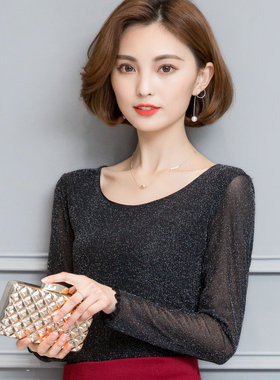 特价秋季新款女装韩版亮丝黑色长袖显瘦打底蕾丝短款百搭上衣服潮