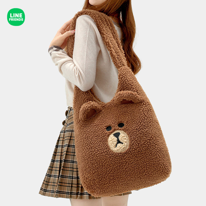 LINE FRIENDS布朗熊毛绒斜跨包单肩包女秋冬大容量手提包托特包