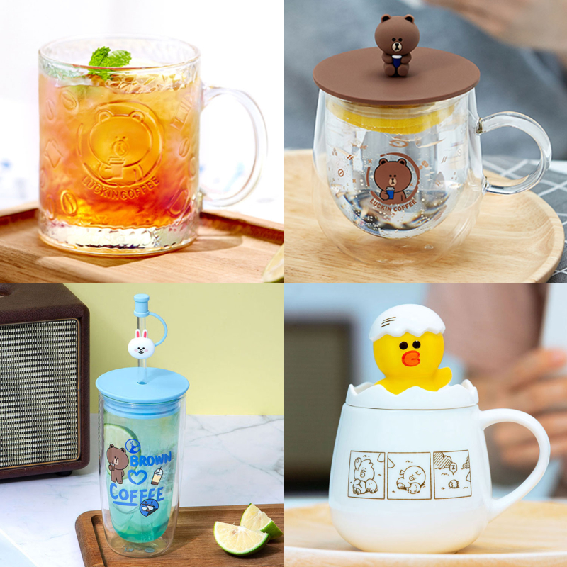 清仓LINE FRIENDS布朗熊陶瓷马克杯双层玻璃带盖卡通吸管水杯子