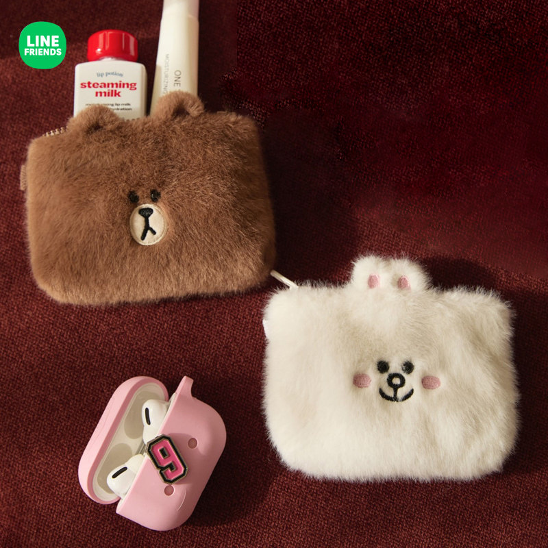 LINE FRIENDS布朗熊HUG BROWN毛绒卡套证件卡包零钱袋耳机收纳包