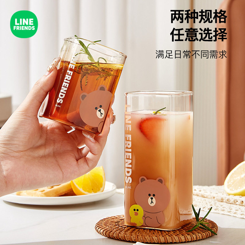LINE FRIENDS布朗熊方形水杯透明玻璃杯牛奶杯家用冷热饮泡茶杯子,餐饮具,玻璃杯,淘宝优惠券,粉丝福利购,淘宝优惠卷