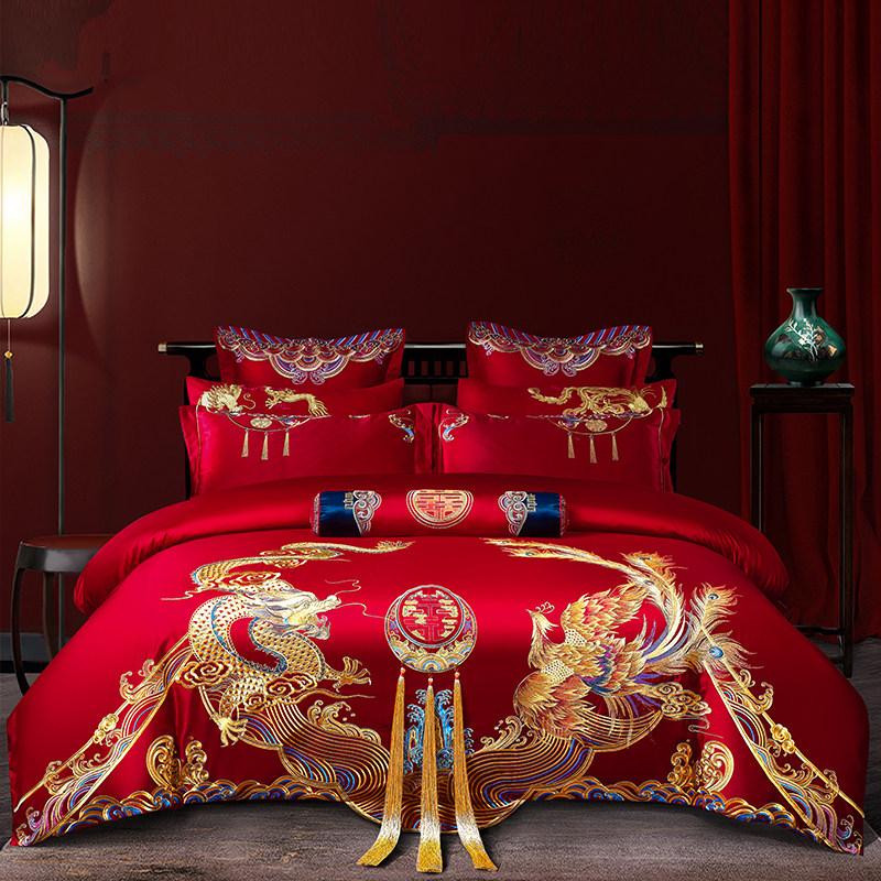 HIGH-END WEDDING BEDDING RED COTTON DRAGON AND PHOENIX EMBROIDERY WEDDING ROOM WEDDING QUILT WEDDING FOUR-PIECE SET OF COTTON