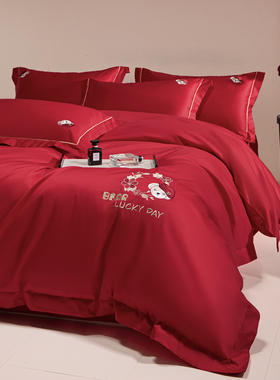 高档全棉大提花婚庆四件套红色结婚被套床单床笠新婚喜床上用品4