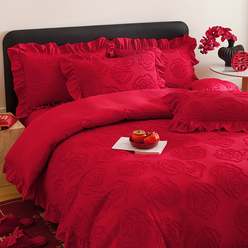 高档轻奢结婚四件套大红玫瑰纯棉婚庆喜被套新婚陪嫁床上用品婚房