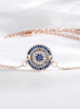 925纯银圆形潮牌手链女镶蓝钻小众设计师款恶魔之眼个性轻奢风INS