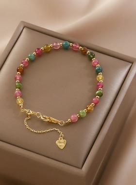 喜喜银饰天然小颗粒七彩碧玺手链桃花手串气质简约小众百塔女闺蜜