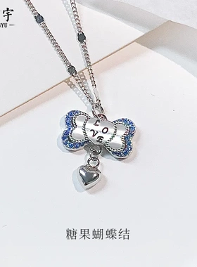 925纯银糖果蝴蝶结项链女夏季韩版小清新心形love锁骨链跨境热销
