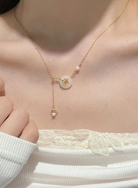 原创如意锁平安扣项链女纯银复古新中式和田玉流苏吊坠国潮项饰品