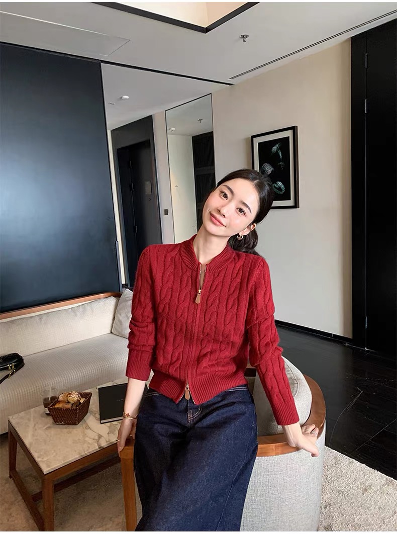 重磅来袭经典绞花山羊绒开衫 老钱风双拉链立领外套羊毛加厚