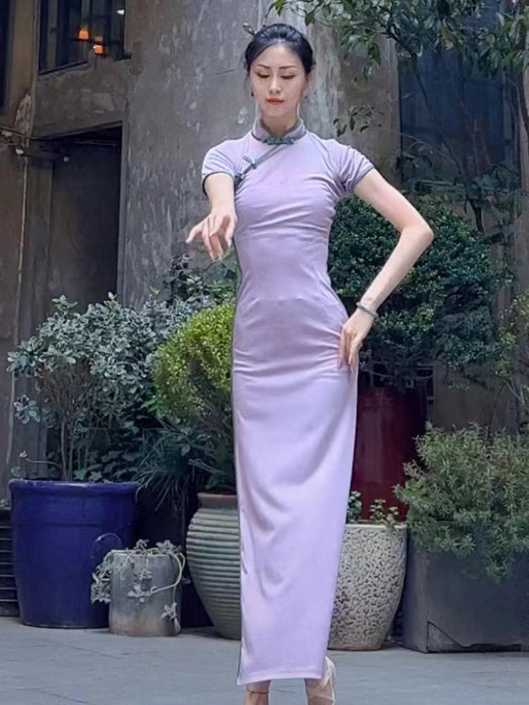 民族古典舞蹈跳舞长款弹力旗袍中国风显瘦开叉身韵练功演出服装女