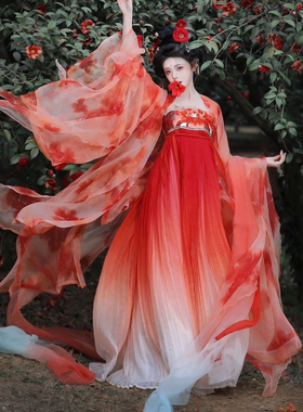 汉服女追鱼唐制齐胸诃子裙花瓣破烂大袖红锦鲤超仙汉元素春夏套装