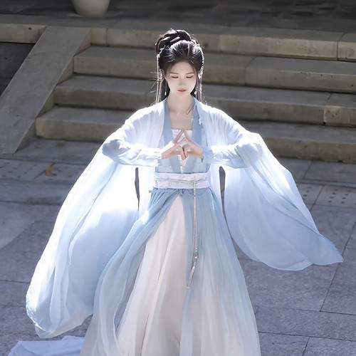 蓝色魏晋南北朝汉服2024新款女夏季成人古装清冷系大袖衫女款套装