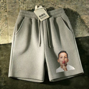 男夏季 中裤 设计感直筒裤 休闲裤 马裤 子华夫格短裤 宽松青少年沙滩裤