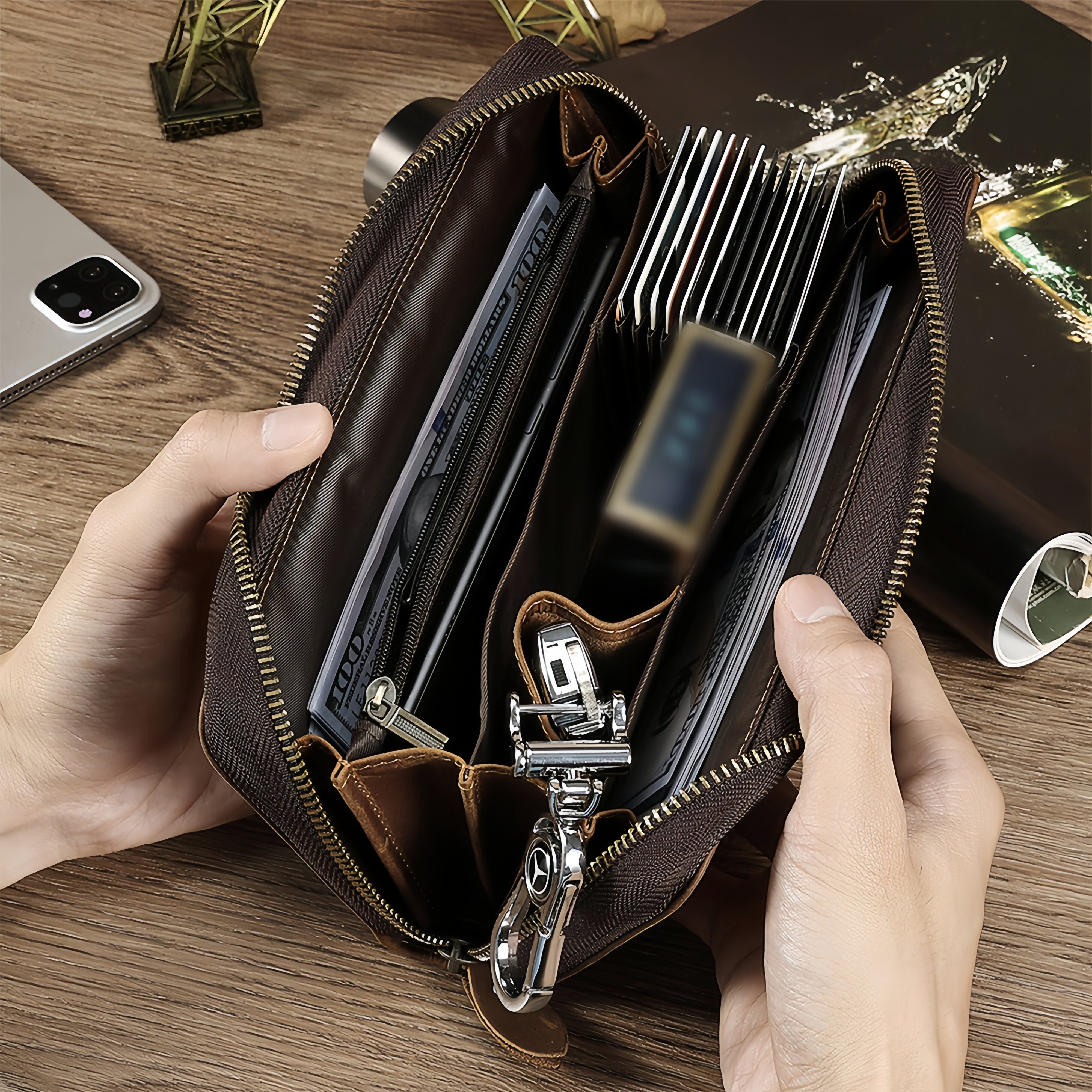 真皮男士手拿包手机包防盗刷消磁大容量收纳疯马皮棕色复古长款手抓包商务拉链皮夹钱包屏蔽NFC/RFID扫描咖色