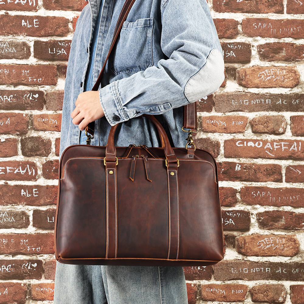 适用于苹果戴尔联想华为单肩包斜跨15.6手提真皮牛皮疯马纹笔记本包14英寸13.3寸牛皮电脑包商务办公公文式男