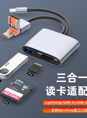 Lightning /USB-A/USB-C三合一多功能读卡器拓展坞SD/TF卡扩展双线三接口同读1TB大容量设备支持手机平板电脑
