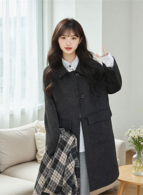 新款双面呢大衣宽松气质秋冬小个子百搭时尚慵懒风毛呢外套