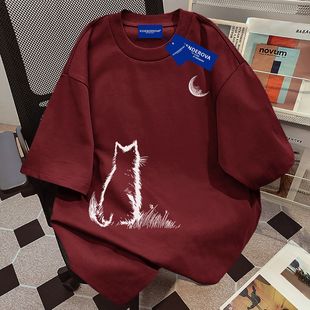 100%纯棉美式 ins潮中性风百搭宽松上衣 复古猫咪印花短袖 女t恤夏季