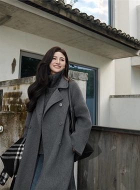 韩版宽松气质百搭时尚中长款大衣女士秋冬款小个子双面毛呢大衣