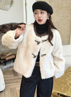 新款米白色时尚潮流2025秋冬短款皮毛一体皮草女加厚毛毛外套