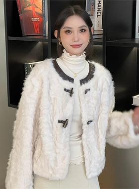法式复古2025米白色短款皮毛一体皮草女秋冬新款加厚毛毛外套