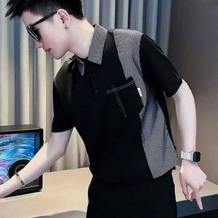 条纹拼接短袖 男士 夏季 Polo衫 体恤 潮牌休闲半袖 T恤高级感痞帅薄款