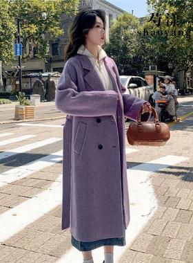 紫色双面绒大衣女2025年秋冬新款韩版宽松中长款系带毛呢外套