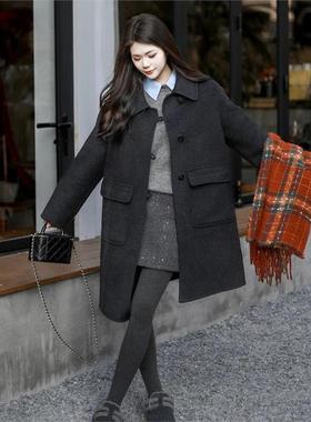 高级感慵懒风韩系宽松小个子双面呢大衣女中长款新款秋冬毛呢外套