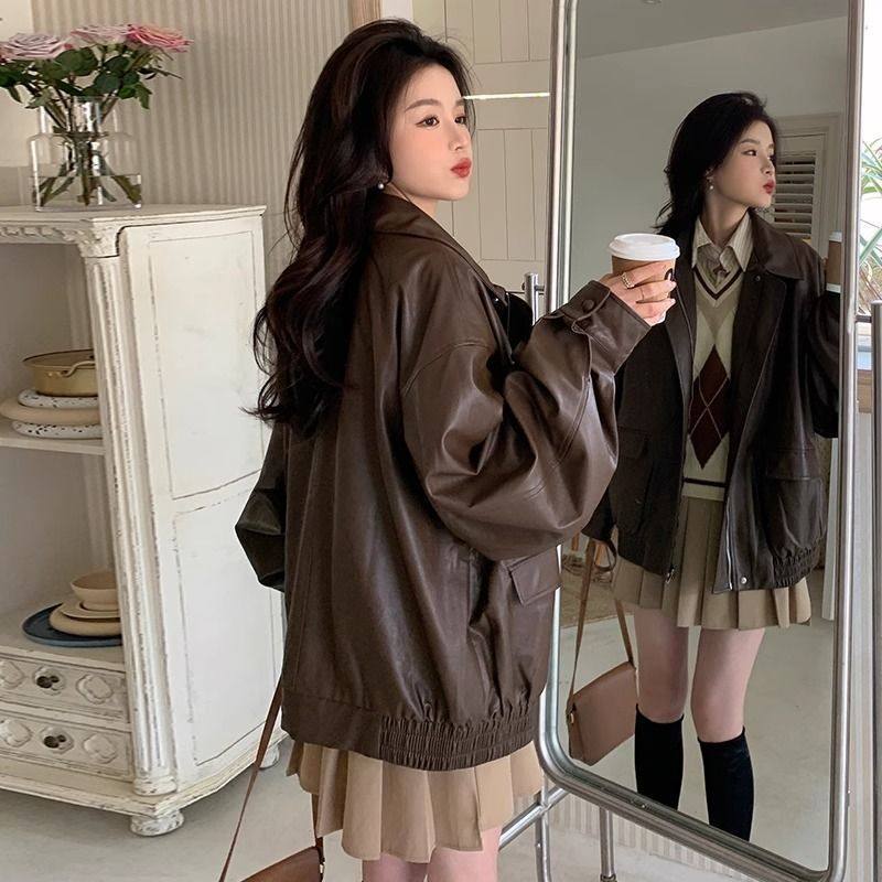 高级感美式复古休闲咖色皮衣外套女秋冬宽松2025新款机车皮夹克,女装/女士精品,皮衣,淘宝优惠券,粉丝福利购,淘宝优惠卷