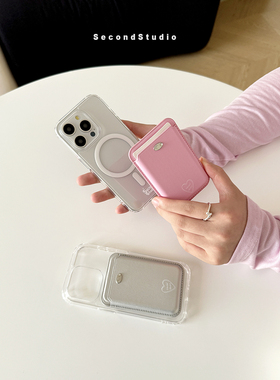 原创韩系皮质磁吸卡包iphone17手机壳15pro小众手绘爱心苹果16promax透明壳14pro全包防摔13插卡袋