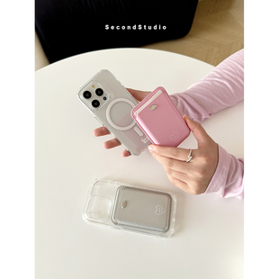 原创韩系皮质磁吸卡包iphone17手机壳15pro小众手绘爱心苹果16promax透明壳14pro全包防摔13插卡袋