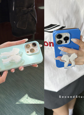 小众设计蕾丝蝴蝶结iPhone16promax菲林壳韩风薄荷绿14创意气囊支架苹果16promax保护壳13清爽蓝色硬壳