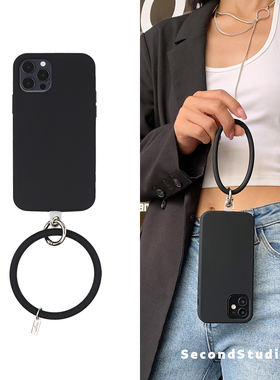 原创时尚黑色苹果16promax手机壳17小众创意防摔手提大圆环15液态硅胶iPhone17promax全包软壳苹果14