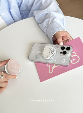 原创小众云朵石头支架透明壳适用苹果17promax手机壳磁吸17创意彩色钻钻iphone16pro全包软壳15pro防摔14/13