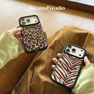 SecondStudio原创摩登棕色豹纹Phone17promax手机壳支架15复古可可斑马纹苹果16pro磁吸壳全包14pro