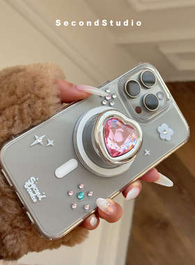 原创精致钻钻透明壳iPhone16promax磁吸手机壳17pro适用苹果15promax桃心宝石支架14pro/13