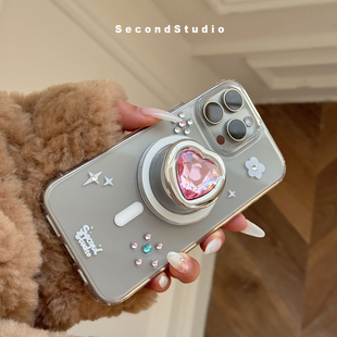 原创精致钻钻透明壳iPhone16promax磁吸手机壳17pro适用苹果15promax桃心宝石支架14pro/13