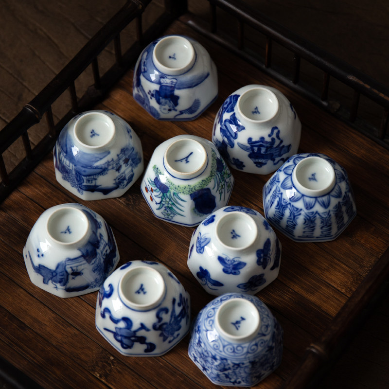 玩玉款青花八方杯景德镇仿古功夫茶杯老泥料民国八角杯品茗杯小号