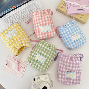 绗缝夹棉格子相机收纳袋拍立得旅行拍照防摔保护套抽绳束口防尘袋