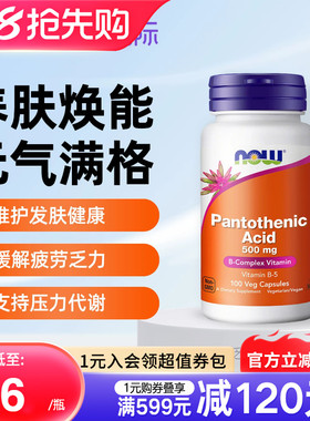 NOW美国进口维生素b5泛酸胶囊舒缓敏感大人500mg100粒B族抵敏