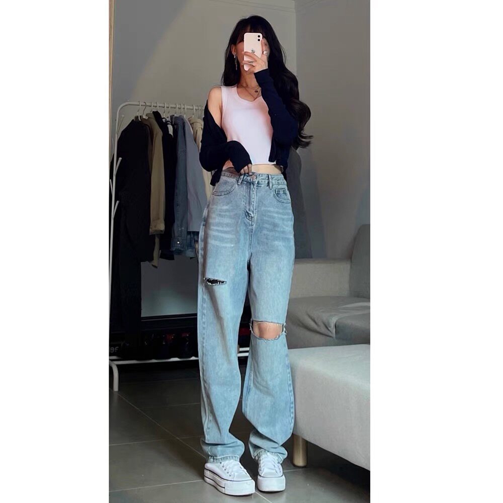 韩版破洞直筒牛仔裤女2025春秋新高腰宽松显瘦chic垂感休闲阔腿裤
