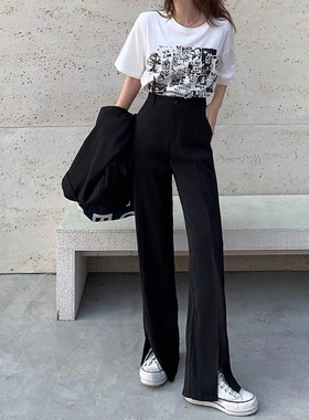 春秋新款黑色直筒开叉裤女高腰显瘦小个子休闲拖地阔腿长裤潮ins