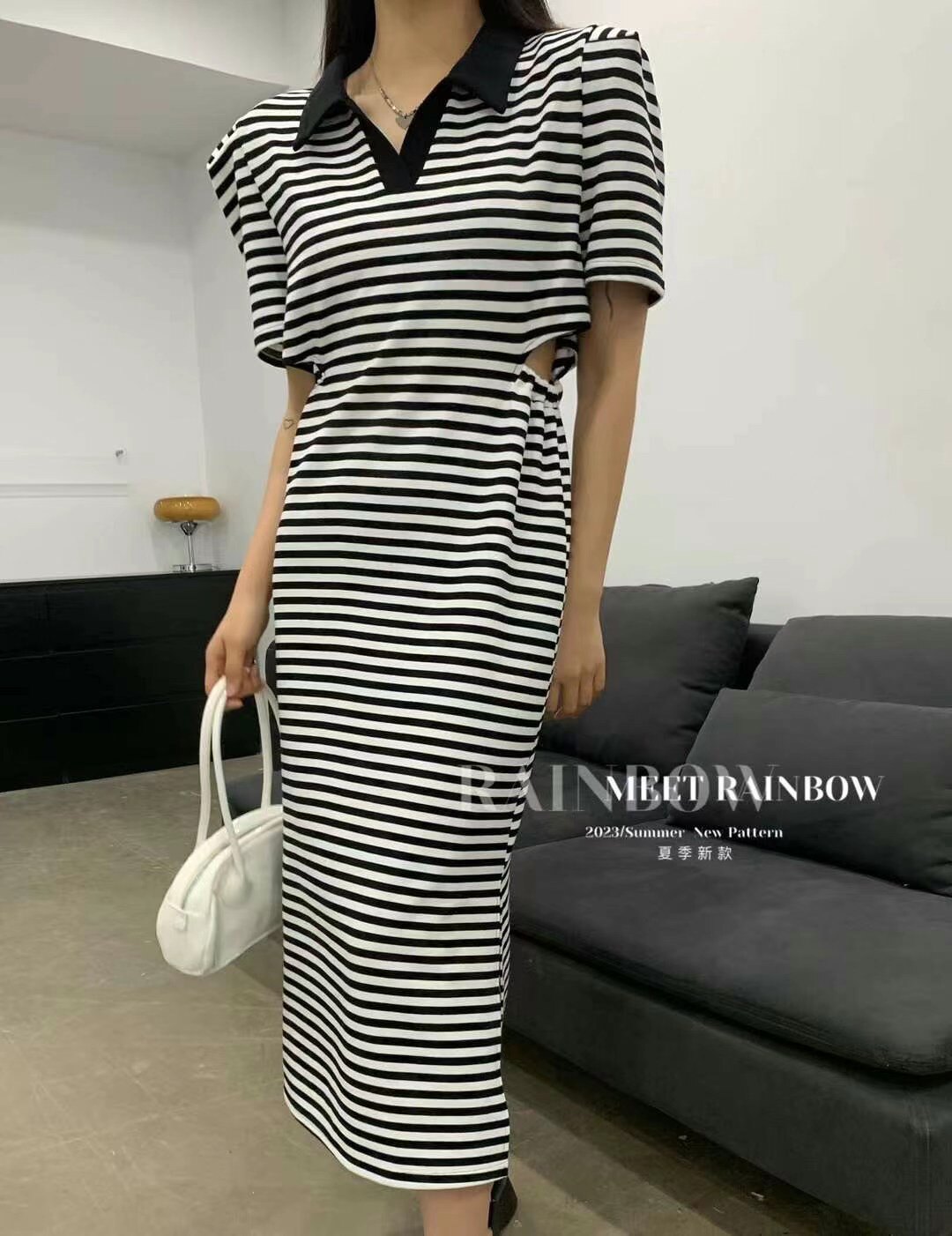 包邮RAINBOW女新韩版夏遮肉显瘦条纹简约polo领时尚学院风连衣裙