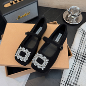 玛丽珍法式 女一字带豆豆平底鞋 春夏新款 方扣水钻软底气质显瘦单鞋