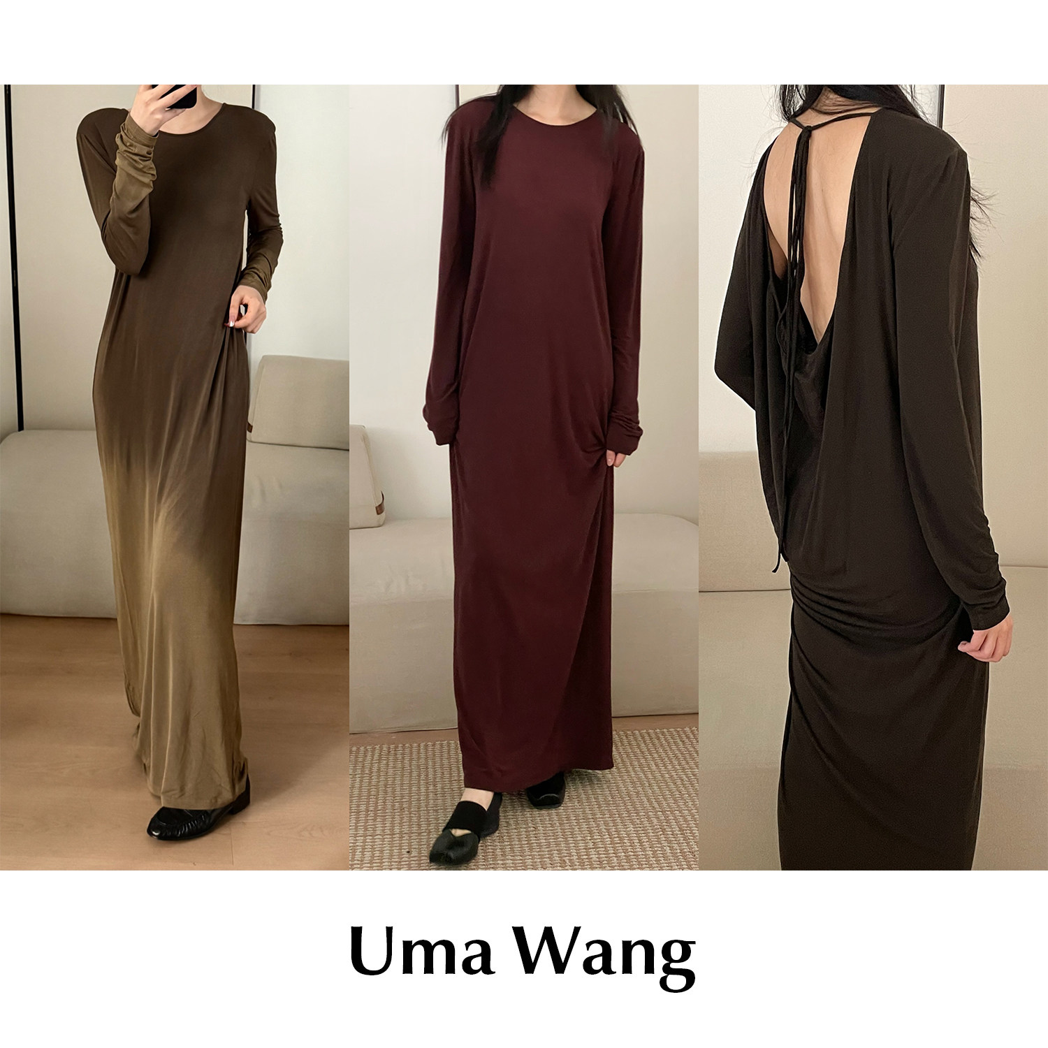 CETTCE 现货 Uma Wang 渐变晕染露背系带莫尔代圆领长袖连衣裙