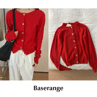 CETTCE 现货 Baserange 再生羊绒混纺红色纽扣针织长袖开衫毛衣