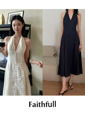 【SALE】CETTCE现货 Faithfull 修身亚麻挂脖系带V领中长款连衣裙