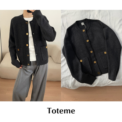 CETTCE 现货 Toteme 锤纹金扣羊毛羊绒混纺针织开衫毛衣外套